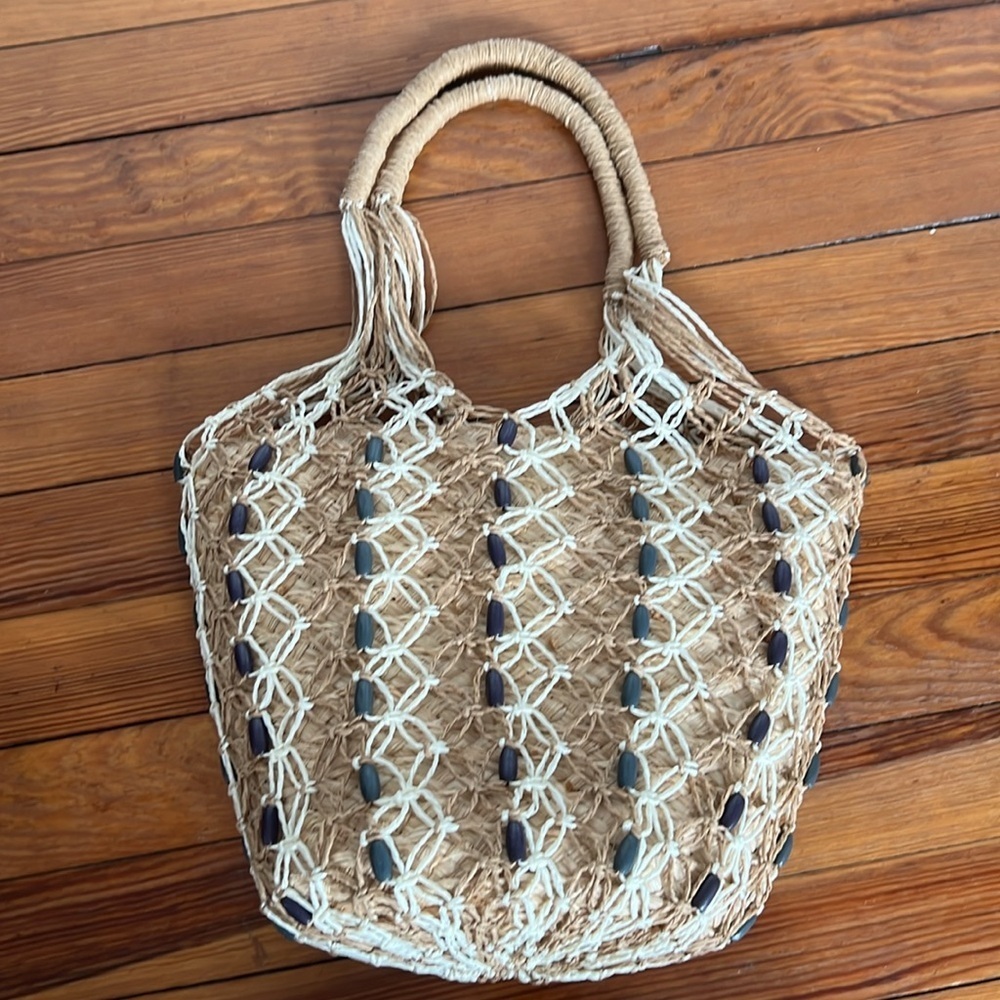 J. Crew Tan and White Textured Straw Shoulder Bag with Beaded Netting Overlay
